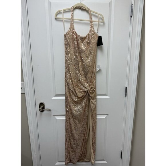 Mac Duggal Size 6 Gold 11279 Sequin Halter Formal Gown Dress Prom Cocktail $398 - Picture 4 of 11